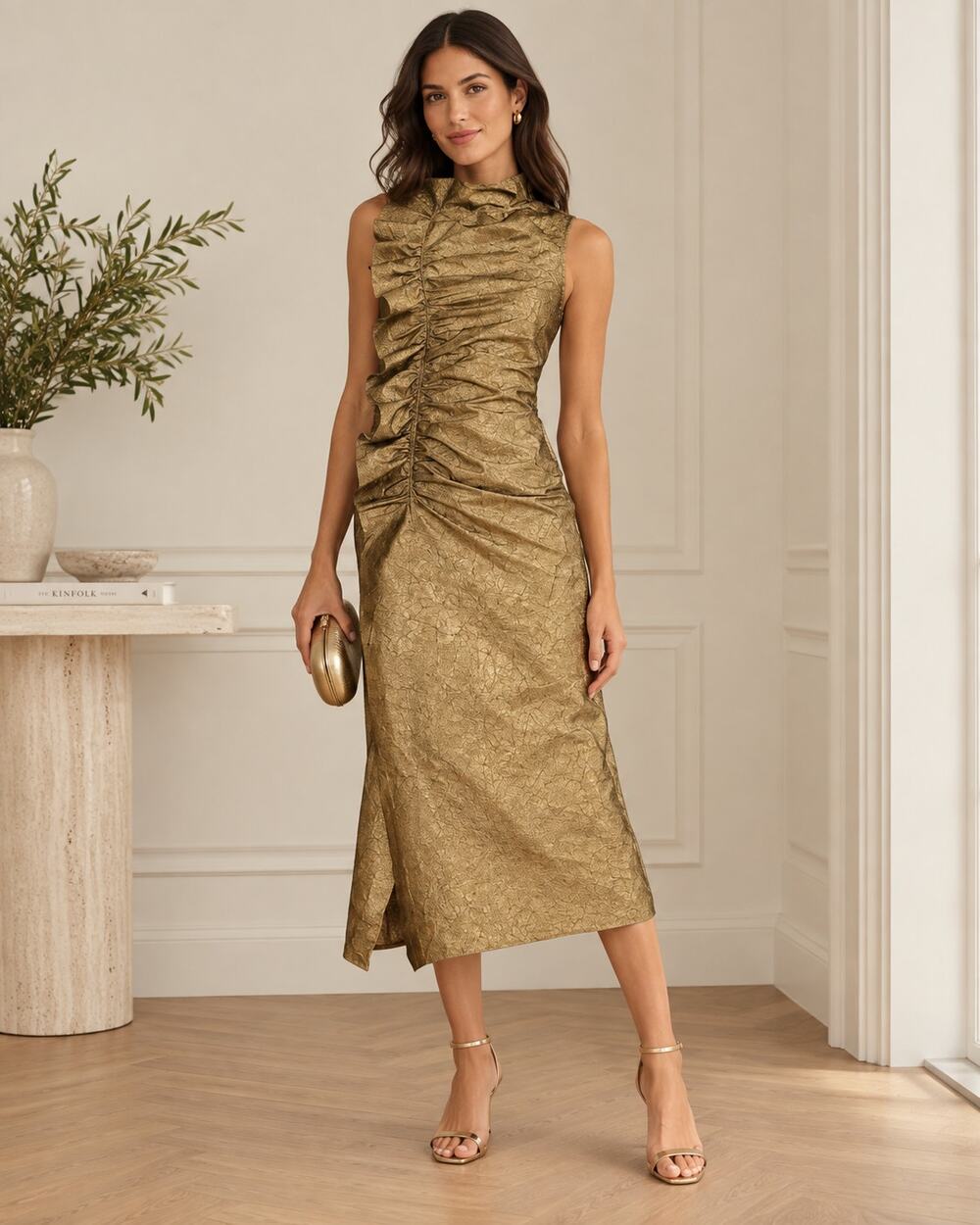 Ulla Johnson Demetria Gold Leaf Ruched Taffeta Midi Dress Size 8